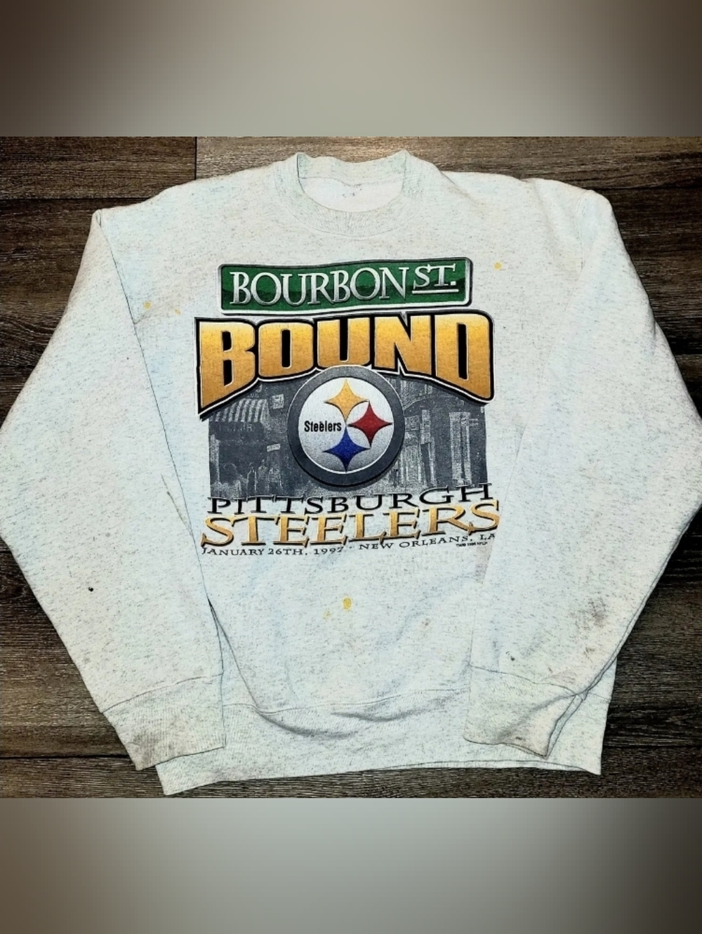 Vintage 1996 Pittsburgh Steelers Bourbon Street Gray crewneck Distressed, Large